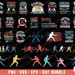 May include: A digital download bundle of 20 colorful SVG designs featuring fencing-themed text and illustrations. The designs include phrases like "Fencing is my therapy", "True friends stab you in front", and "Fencing all other sports are pointless".