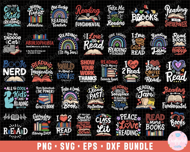 May include: A digital download bundle of 30 SVG cut files featuring colorful illustrations and text about reading. The designs include phrases like "Reading is my jam", "I love to read", and "Reading is fundamental".