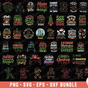 May include: A collection of 40 Christmas-themed SVG cut files featuring various designs and text. The designs include phrases like "Merry Christmas Y'all", "Let It Snow", "Christmas Baking Queen", and "Team Santa".