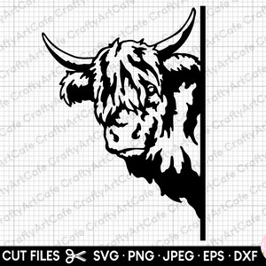 May include: Black and white silhouette of a Highland cow with long, shaggy hair, peeking around a corner. The cow's head and neck are visible, with its horns pointing up and to the right.