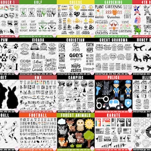 May include: A digital collage of 18 black and white images featuring various themes, including animals, sports, hobbies, and holidays. Each image includes a title and the text "Layered SVG Files SVG PNG JPG EPS DXF".