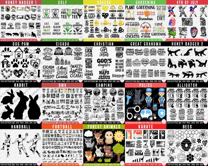 May include: A digital collage of 18 black and white images featuring various themes, including animals, sports, hobbies, and holidays. Each image includes a title and the text "Layered SVG Files SVG PNG JPG EPS DXF".