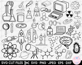 May include: A black and white line art clip art set of science and space themed images. The set includes a rocket, a microscope, a beaker, a test tube, a brain, a computer, a light bulb, a DNA strand, a petri dish, a lab coat, a telescope, a molecule, a gear, a magnet, a magnifying glass, a planet, an atom, a virus, a bacteria, and a chemical formula.