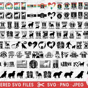 Könnte beinhalten: Ein Satz von 50 schwarzen und weißen, übereinanderliegenden SVG-Dateien mit verschiedenen Designs mit dem Text "Border Collie" und verwandten Sätzen. Die Designs beinhalten eine Vielzahl von Hunderassen, Herzen, Pfotenabdrücken und anderen Hunde-bezogenen Bildern.