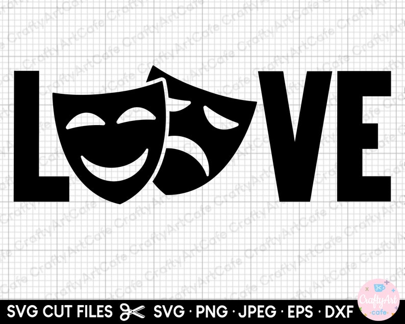May include: Black and white graphic design of the word "LOVE" with two theater masks, one smiling and one frowning, replacing the "O".