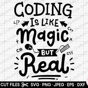 May include: Black and white graphic with the text "CODING IS LIKE MAGIC BUT REAL." Includes symbols like a mouse, keyboard, and code symbols. The bottom of the graphic includes file type icons.