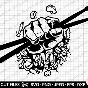May include: A black and white illustration of a fist breaking through a wall of rocks, with two drumsticks crossing in front of the fist.