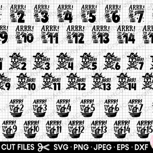 Könnte beinhalten: Ein Set mit 15 schwarzen und weißen SVG-Schnittdateien mit Piraten-Geburtstagsdesigns. Die Designs beinhalten die Zahlen 1-15 mit dem Text "ARRR! I'M" und verschiedene Piratenbilder, wie einen Totenkopf und Knochen, ein Piratenschiff und eine Schatztruhe.