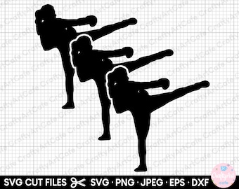May include: Three black silhouette figures of people in a fighting pose, with one leg raised and a fist raised in the air. The figures are layered on top of each other, with the figure in the back being the largest and the figure in the front being the smallest.
