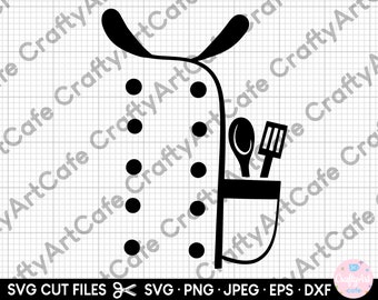 Puede incluir: Silueta en blanco y negro de una chaqueta de chef con un bolsillo y una cuchara y una espátula en el bolsillo. La chaqueta tiene un cuello y botones.