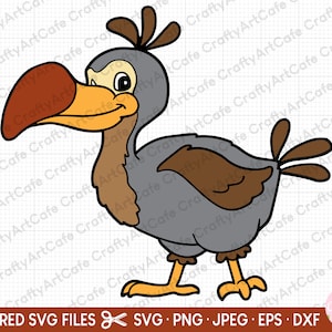 May include: A cartoon illustration of a grey dodo bird with brown feathers and a yellow beak. The dodo bird is looking to the left and has a happy expression on its face.