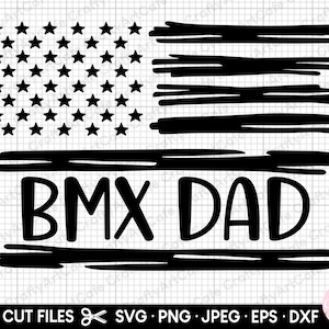 May include: Black and white digital design featuring a stylised American flag with the words "BMX DAD" in a bold, handwritten font.