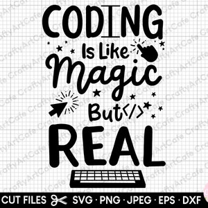 May include: Black and white graphic design with the text "Coding is like magic but</> real". The graphic includes a computer keyboard, a mouse cursor, and stars.