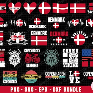 May include: A digital download bundle of 20 SVG, PNG, EPS, and DXF files featuring various designs related to Denmark. The designs include the Danish flag, Viking imagery, and text such as "Denmark", "Copenhagen", and "Danish Viking".