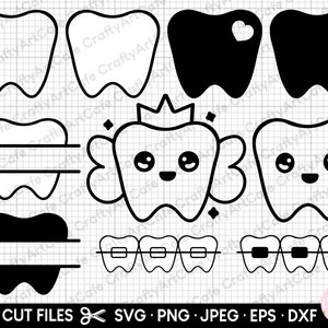 Puede incluir: Un conjunto de 10 archivos de corte SVG con varios diseños de dientes. Los diseños incluyen un diente con un corazón, un diente con una corona, un diente con un aparato de ortodoncia y un diente con un espacio en blanco para personalizar. Los archivos son perfectos para crear manualidades personalizadas, decoraciones y mucho más.