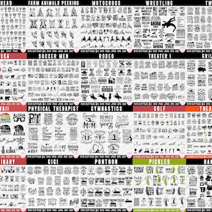 May include: A digital collage of 10 rows of black and white images, each row representing a different theme. The themes include dog head, farm animals peeking, motocross, wrestling, twins, Alaska, soccer men, rodeo, theatre 1, grilling, Hawaii, physical therapist, gymnastics, golf, theatre 2, veterinary, Gigi, pontoon, pickles, and baking. Each image is labelled with the theme and includes the text "SVG cut files" and file formats.