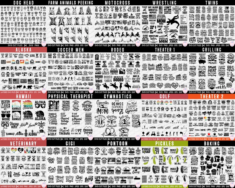 May include: A digital collage of 10 rows of black and white images, each row representing a different theme. The themes include dog head, farm animals peeking, motocross, wrestling, twins, Alaska, soccer men, rodeo, theatre 1, grilling, Hawaii, physical therapist, gymnastics, golf, theatre 2, veterinary, Gigi, pontoon, pickles, and baking. Each image is labelled with the theme and includes the text "SVG cut files" and file formats.