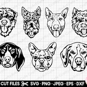 May include: A set of 8 black and white dog head silhouette SVG cut files. The dogs include a Jack Russell Terrier, a French Bulldog, a Beagle, a Labrador Retriever, a Westie, a Bull Terrier, a Schnauzer, and a Yorkshire Terrier.