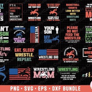 Pode incluir: Um pacote de download digital de 12 designs SVG com tema de luta livre. Os designs apresentam várias frases e imagens relacionadas com a luta livre, incluindo "Wrestling Mom", "Wrestling Sister", "Wrestling Dad" e "It's a Wrestling Thing".