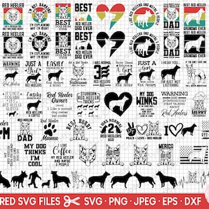 Può includere: Una collezione di 40 file di taglio SVG in bianco e nero con design di cani Red Heeler. I design includono varie frasi e immagini relative ai Red Heeler, come "Red Heeler Mom", "Red Heeler Dad", "Amo i Red Heeler" e "Il mio cane pensa che io sia figo".