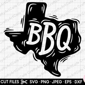May include: Black and white silhouette of the state of Texas with the word "BBQ" inside. The silhouette is stylized to look like a hand-drawn design.