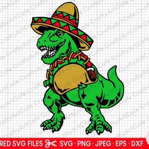 Trex t rex mit taco und sombrero cinco de Mayo svg png eps dxf jpg jpeg Vektorclipart geschnittene Datei Cricut