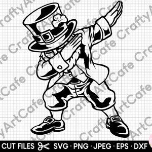 May include: A black and white illustration of a leprechaun doing the dab dance. The leprechaun is wearing a hat with a shamrock on it and a green vest.
