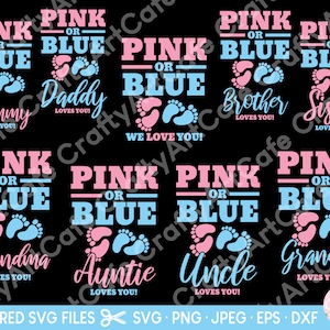 Sexe révèlent rose ou bleu tante oncle maman papa grand-mère grand-père frère soeur chemise assortie lot SVG pour fichiers de coupe Cricut