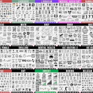 May include: A digital collage of 100+ black and white SVG cut files for crafting projects. The files are organised into categories such as BMX, Lacrosse, Librarian, Medical Assistant, Handball Male, Cheese, Maths, Chef, Choir, Maestra, Handball Female, Grilling, Mental Health, Ice Skating, Kayak, Cat, Invest, Boxing, and Belgian Malinois.