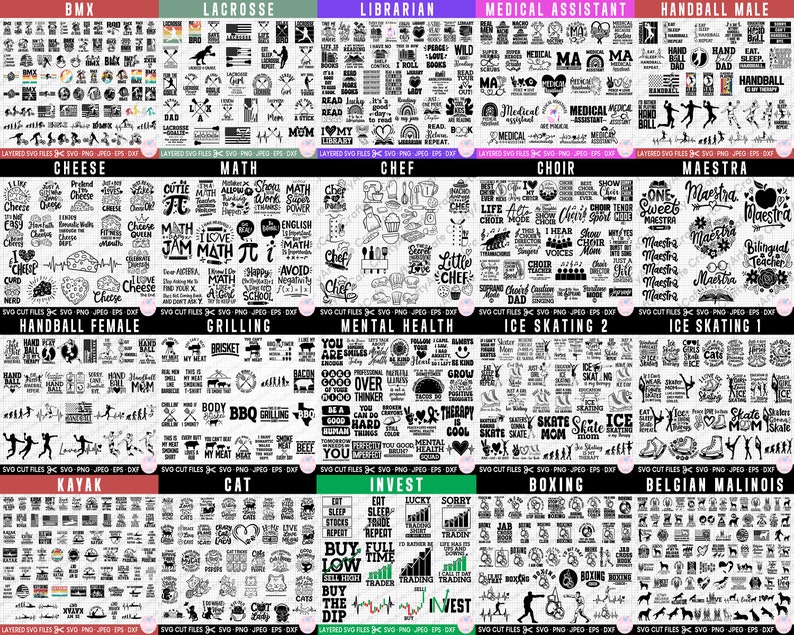 May include: A digital collage of 100+ black and white SVG cut files for crafting projects. The files are organised into categories such as BMX, Lacrosse, Librarian, Medical Assistant, Handball Male, Cheese, Maths, Chef, Choir, Maestra, Handball Female, Grilling, Mental Health, Ice Skating, Kayak, Cat, Invest, Boxing, and Belgian Malinois.