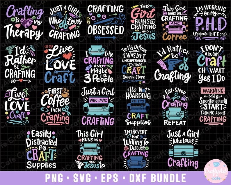 K&ouml;nnte beinhalten: Ein Set mit 20 farbenfrohen digitalen Designs mit Spr&uuml;chen zum Thema Basteln. Die Designs sind auf schwarzem Hintergrund mit wei&szlig;em Text und bunten Akzenten. Die Spr&uuml;che beinhalten "Basteln ist meine Therapie", "Einfach ein M&auml;dchen, das Basteln liebt", "Dieses M&auml;dchen l&auml;uft mit Basteln und Jesus", "Ich w&uuml;rde lieber basteln", "Liebe, lebe, bastele", "Erst Kaffee, dann Basteln", "Einfach ein M&auml;dchen, das Basteln liebt", "Es ist kein Horten, wenn es Bastelbedarf ist", "Essen, schlafen, basteln, wiederholen", "Leicht abgelenkt durch Bastelbedarf", "Dieses M&auml;dchen l&auml;uft mit Basteln und Jesus", "Introvertiert, aber bereit, &uuml;ber Basteln zu diskutieren", "Einfach ein M&auml;dchen, das Basteln liebt", "Ich arbeite an meinem Doktortitel (Projekte halb fertig)", "Ich wurde im Bastelbedarf unbeaufsichtigt gelassen", "Ich w&uuml;rde lieber basteln", "Ich bastele nicht immer, oh warte doch, ja, das tue ich", "Warnung: Kann spontan anfangen, &uuml;ber Basteln zu sprechen".