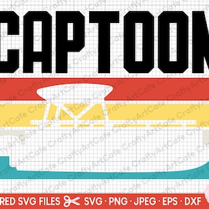 May include: A graphic design with the word "CAPTOON" in bold black letters. Below the text are horizontal bands of red, yellow, and teal. The design includes a stylized image of a building. The bottom of the image has the text "LAYERED SVG FILES SVG.PNG.JPEG EPS.DXF".