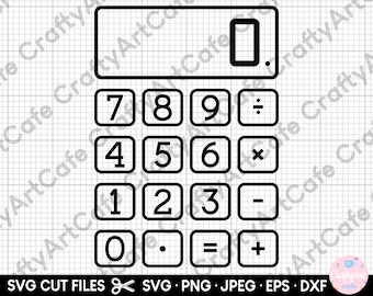 May include: Black and white outline of a calculator with a display screen and number keys. The keys include numbers 0-9, plus, minus, multiply, divide, equals, and a decimal point.