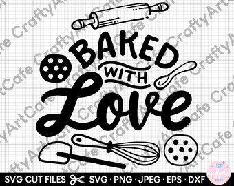 Puede incluir: Diseño gráfico en blanco y negro con el texto "Baked with Love" y utensilios de cocina como un rodillo, un batidor, una espátula y cortadores de galletas.