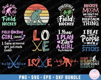 Może przedstawiać: Zestaw 10 cyfrowych wzorów z grafiką o tematyce hokeja na trawie. Wzory zawierają tekst, taki jak "Just a girl who loves field hockey", "Sunshine & Field Hockey", "Hockey Mom", "I know I play like a girl", "I beat people with sticks" i "Love" z krzyżującymi się kijami do hokeja na trawie. Wzory są w różnych kolorach, w tym różowym, niebieskim, zielonym, żółtym i czerwonym.