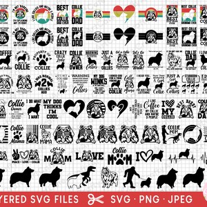 Könnte beinhalten: Eine Sammlung von 48 schwarzen und weißen, übereinanderliegenden SVG-Dateien mit verschiedenen Designs mit dem Wort "Collie" und verwandten Sätzen. Die Designs beinhalten einen Collie-Hund, Herzen, Sterne und deutsche Flaggen.