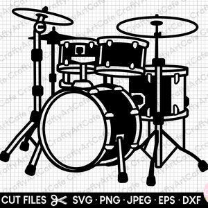 Puede incluir: Ilustración en blanco y negro de una batería. El conjunto incluye un bombo, toms, una caja, platillos y soportes. La imagen es un gráfico vectorial, adecuado para archivos de corte.