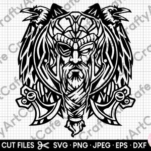 May include: Black and white line art illustration of a Viking warrior with two ravens on his shoulders. The warrior is wearing a horned helmet and has a beard and mustache. The design is intricate and detailed, with a lot of geometric patterns.