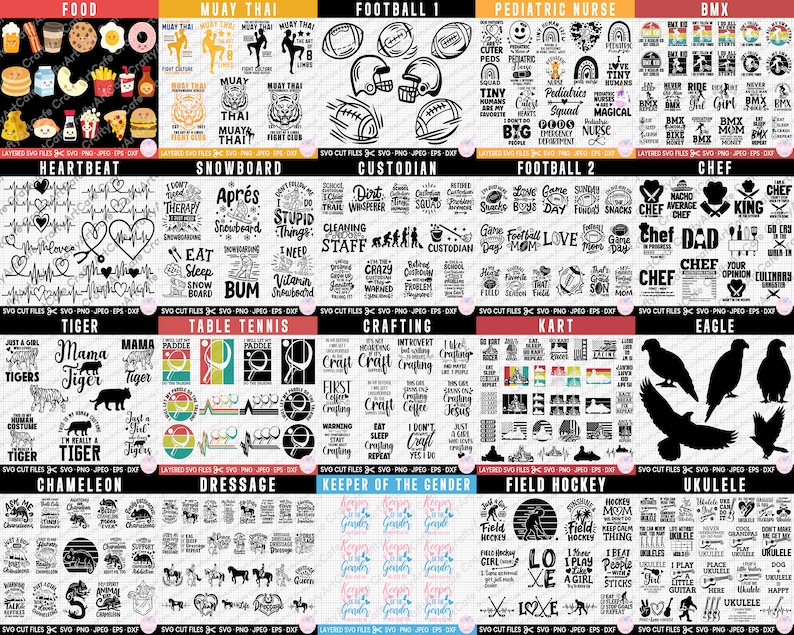 May include: A digital collage of 20 different designs for crafting projects. Each design is a square with a white background and black text. The designs include themes like food, sports, hobbies, and professions. The text includes phrases like "Tiger", "Mama Tiger", "Just a Girl", "Table Tennis", "Crafting", "Kart", "Eagle", "Chameleon", "Dressage", "Keeper of the Gender", "Field Hockey", and "Ukulele".