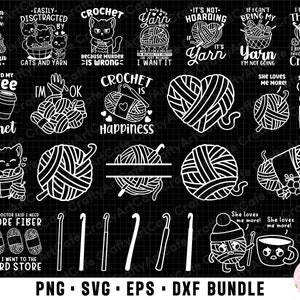 May include: A set of 16 black and white digital designs featuring crochet and yarn puns. The designs include a cat, yarn balls, coffee cups, and crochet hooks. The text includes phrases like "I only buy yarn when... I want it", "It's not hoarding if it's yarn", "My doctor said I need more fiber, so I went to the yard store", and "She loves me more!"