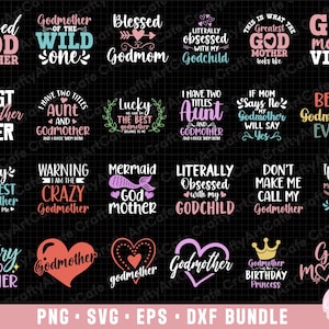 Puede incluir: Una descarga digital de 16 diseños diferentes para manualidades con temática de madrina. Los diseños presentan varias frases y gráficos, que incluyen "Madrina bendecida", "Madrina de la salvaje", "Afortunada como puede ser la mejor madrina", "Advertencia, soy la madrina loca", "Madrina sirena", "Literalmente obsesionada con mi ahijado", "No me hagas llamar a mi madrina", "Si mamá dice que no, mi madrina dirá que sí", "Mejor madrina de la historia", "Vibraciones de madrina", "Hada madrina", "Princesa de cumpleaños de madrina", y "Madre de Dios".