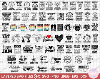 May include: A set of 36 layered SVG files featuring science-themed designs. The designs include text such as "Science is my jam", "I love science", "Science girl", and "It's a good day to teach science".
