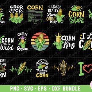 May include: A set of 12 digital designs featuring corn illustrations and puns. The designs include phrases like "Corn To Be Wild", "Corn King", and "I Like Corn".