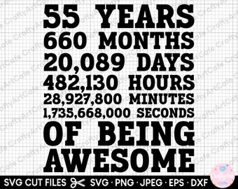 May include: Black and white graphic design with the text "55 YEARS 660 MONTHS 20,089 DAYS 482,130 HOURS 28,927,800 MINUTES 1,735,668,000 SECONDS OF BEING AWESOME".