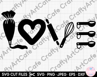 Puede incluir: Diseño en silueta negra y blanca de la palabra "LOVE" formado por utensilios de cocina. La "L" es una manga pastelera, la "O" es un corazón, la "V" es un rodillo y la "E" es un batidor y tres cucharas medidoras.