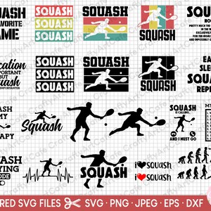 Puede incluir: Un conjunto de 10 archivos de corte digital que presentan varios diseños relacionados con el deporte del squash. Los diseños incluyen frases basadas en texto como "El squash es mi terapia" y "El squash llama, y ​​debo ir", así como ilustraciones de jugadores de squash en acción.