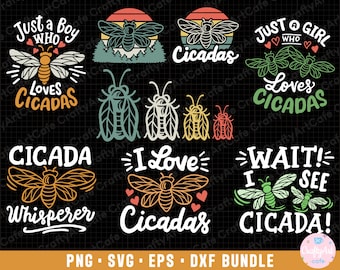 Pode incluir: Um conjunto de 10 arquivos de corte digital com ilustrações de cigarras e texto. Os designs incluem "Just a Boy Who Loves Cicadas", "Just a Girl Who Loves Cicadas", "Cicada Whisperer", "I Love Cicadas", e "Wait! I See Cicada!" Os designs são de estilo retro com um fundo preto e acentos coloridos.