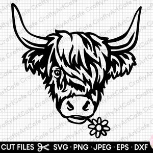 highland cow svg highland cow tête svg png highland cor avec fleur svg png eps dxf coupe fichier cricut usage commercial