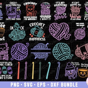 May include: A set of 16 colorful digital designs featuring crochet-themed illustrations and text. The designs include cats, yarn, coffee cups, and crochet hooks. The text includes phrases like "I only buy yarn when..." and "Crochet is happiness".