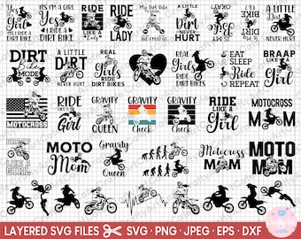 May include: A set of 24 black and white layered SVG files featuring motocross designs. The designs include phrases like "Ride Like a Girl", "Moto Mom", "Gravity Queen", and "Braap Like a Girl".